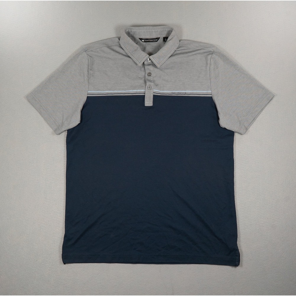 TravisMathew Mens Colorblock Polo Shirt Grey Navy Blue Short Sleeve Golf Large